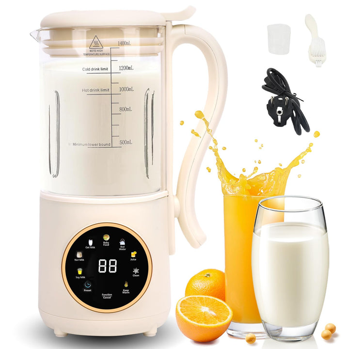 Sojamilch Maschine, 1400ml Automatische Nussmilchmaschine mit 16 Klingen, LED Anzeige, Verzögerungss
