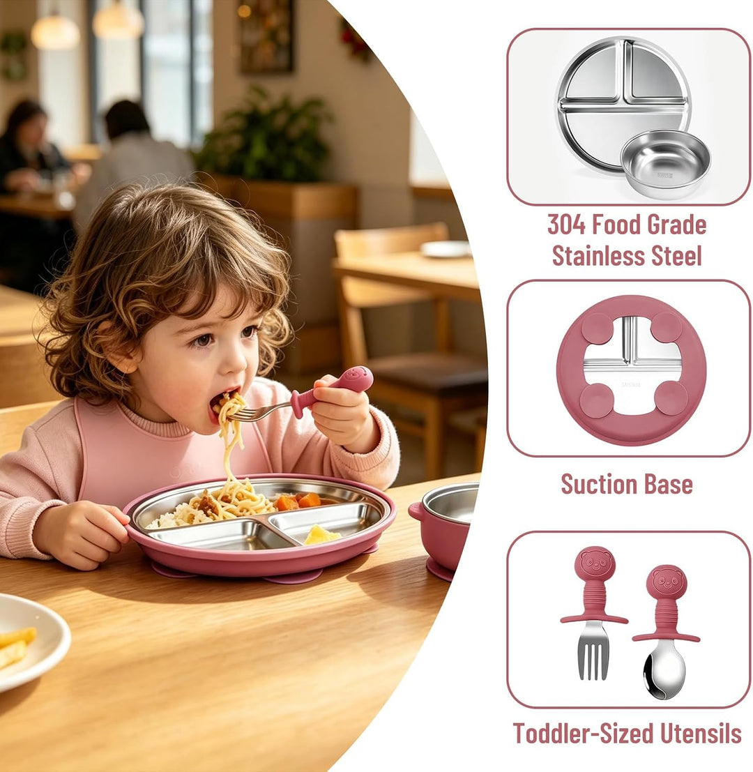 Baby Geschirr Set Edelstahl 4Teilig Geteilter Babyteller Saugnapf | Babyschale Rutschfest mit Griffe