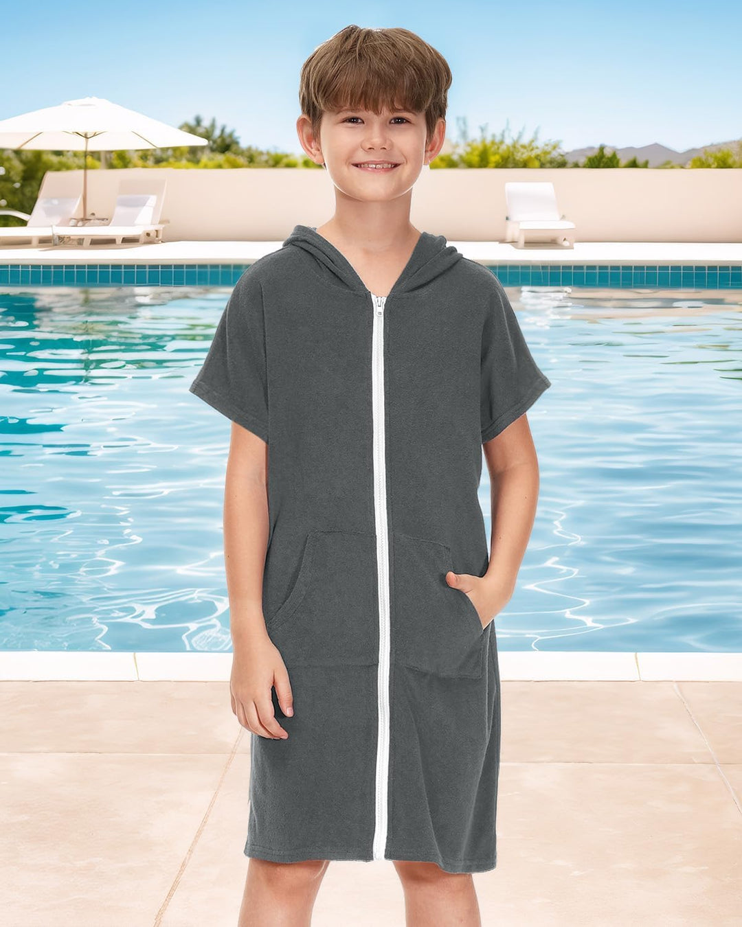 BesserBay Mädchen Badeponcho Kapuze Poncho mit Taschen Zip Cover Up Kinder Unisex 120-160 140 Dunkel
