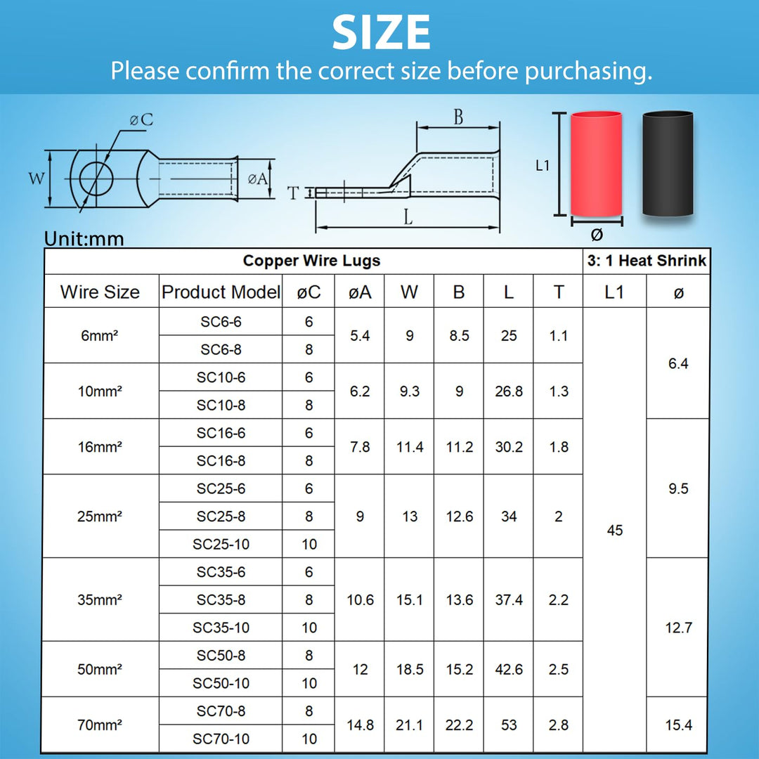 10x Rohrkabelschuhe 50mm² Kabelschuhe Loch-Ø M8 Ringkabelschuh Verdicktes Kupfer Unisolierte SC Kabe