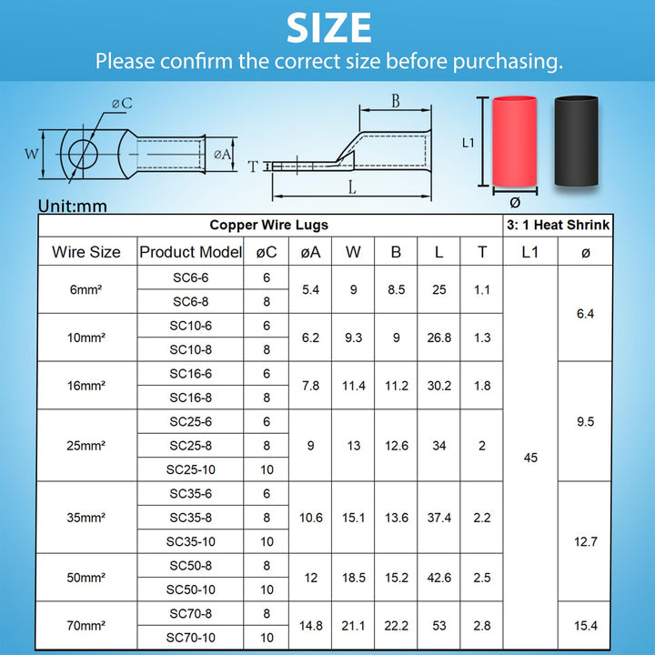 10x Rohrkabelschuhe 50mm² Kabelschuhe Loch-Ø M8 Ringkabelschuh Verdicktes Kupfer Unisolierte SC Kabe