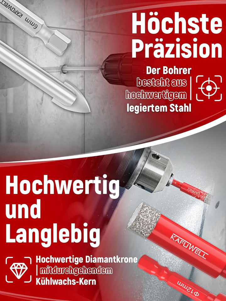 Fliesenbohrer Diamantbohrer Profi-Set 6tlg, 5-12mm Glasbohrer & 6mm Karbid-Anbohrer, 1/4" Sechskant