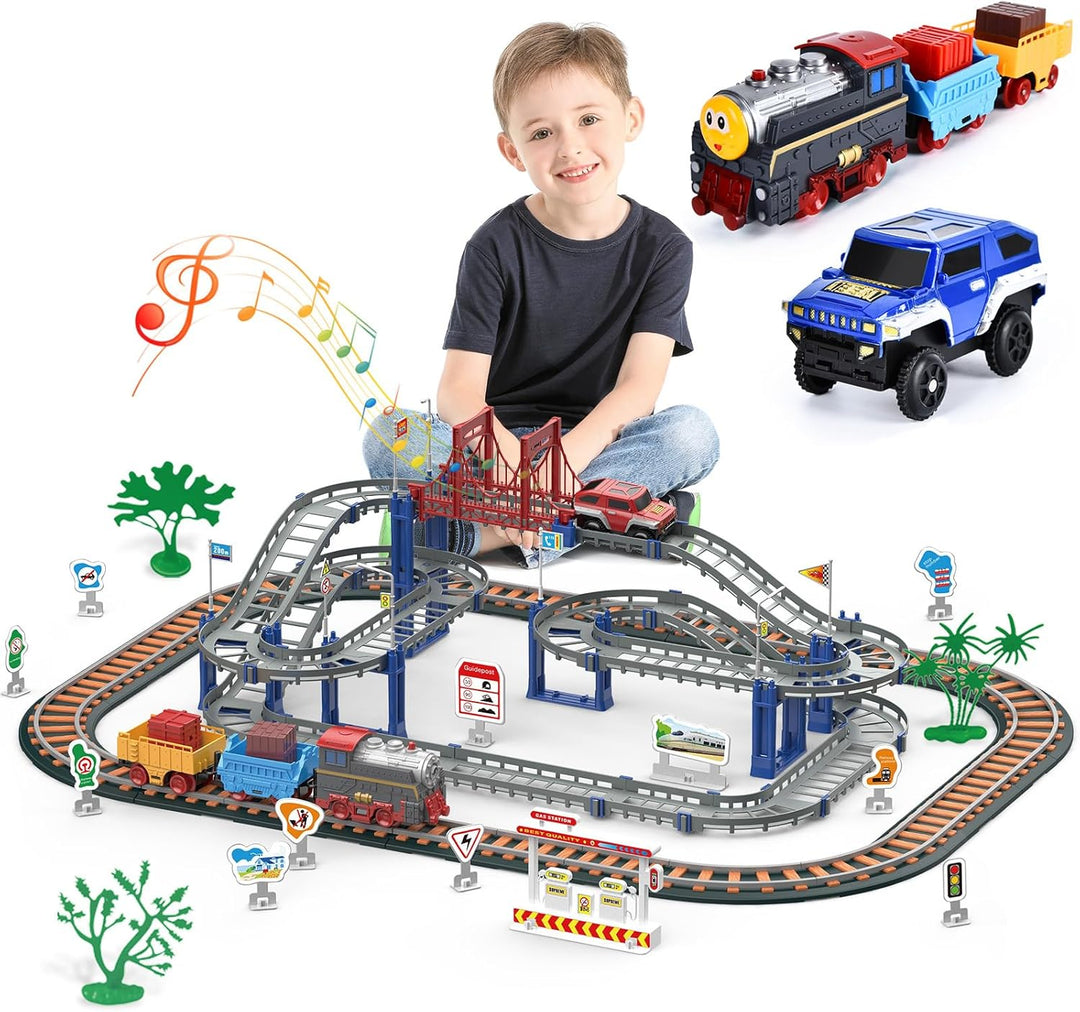 Kinder Eisenbahnschiene Zug Spielzeug Set, Autorennbahn Spielzeug mit Zug&Autobahnautos, für Kinder