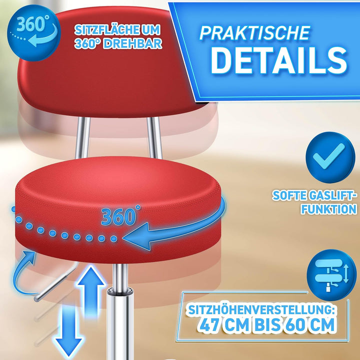 TRESKO® Rollhocker mit Lehne höhenverstellbar 10cm Dicke Polsterung Drehbar | Hocker 46-58cm | Arbei