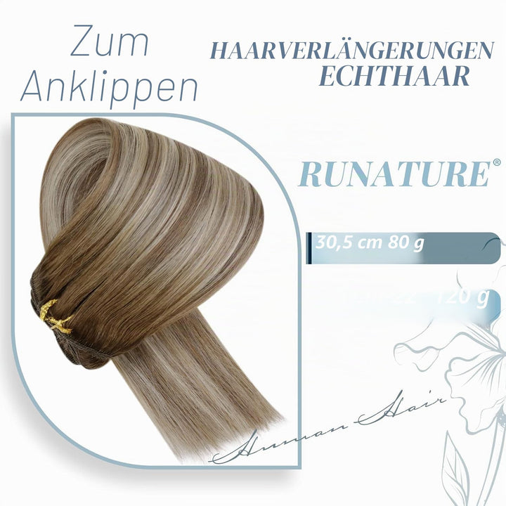 RUNATURE Clip in Echthaar Extensions Balayage Dunkelbraun bis Braun mit Blond Echthaar Clip in Exten