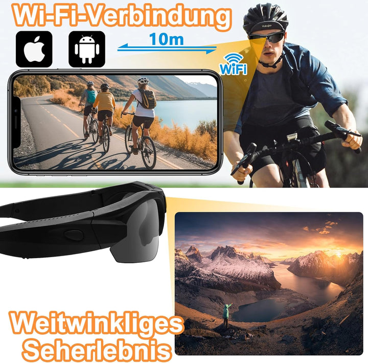 Action-Cam, WiFi 4K & 120° Weitwinkel Brille mit Kamera, Polarisierte Objektive & 100-Min Batterie &