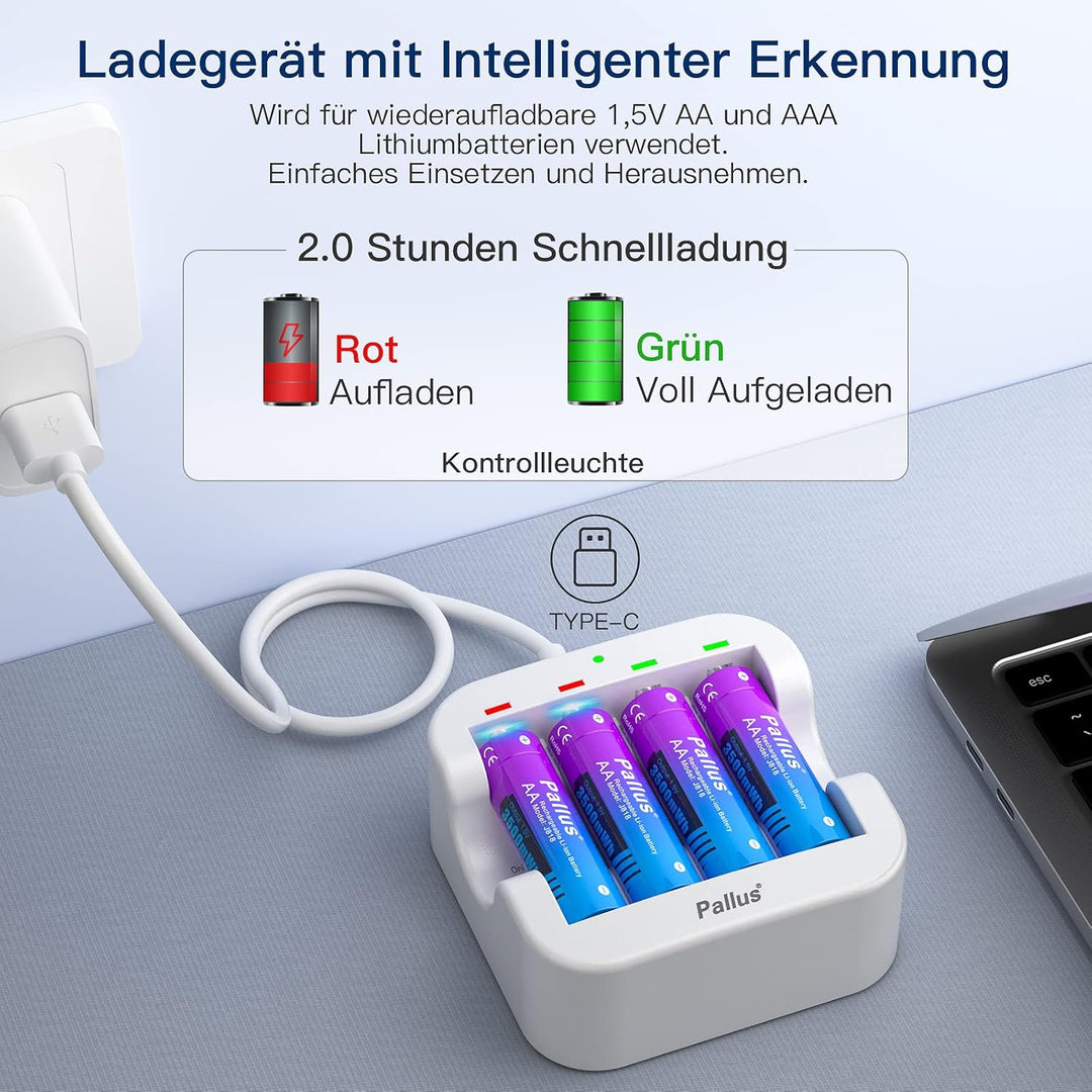 Pallus 1,5V Wiederaufladbarer AA Lithium Akku, 8 Stück 1,5 V AA Akku mit 2-Stunden-Ultra-Schnelllade