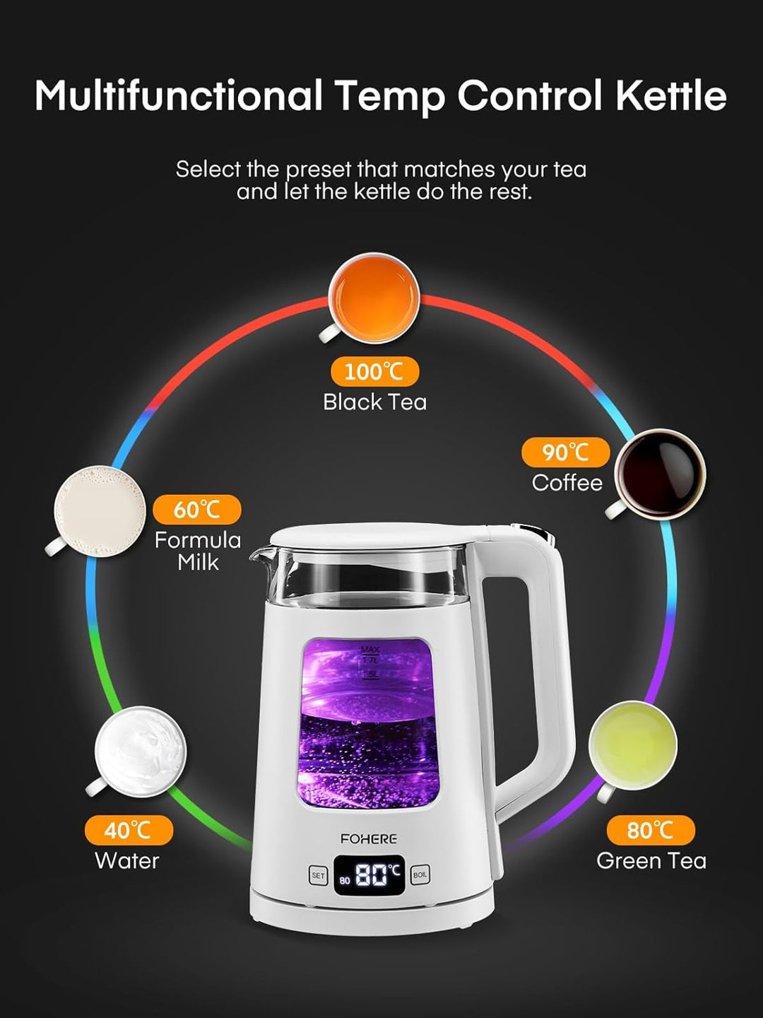 Elektrischer Wasserkocher mit Temperatureinstellung,1.7L Glas Wasserkocher mit Warmhaltefunktion, 22