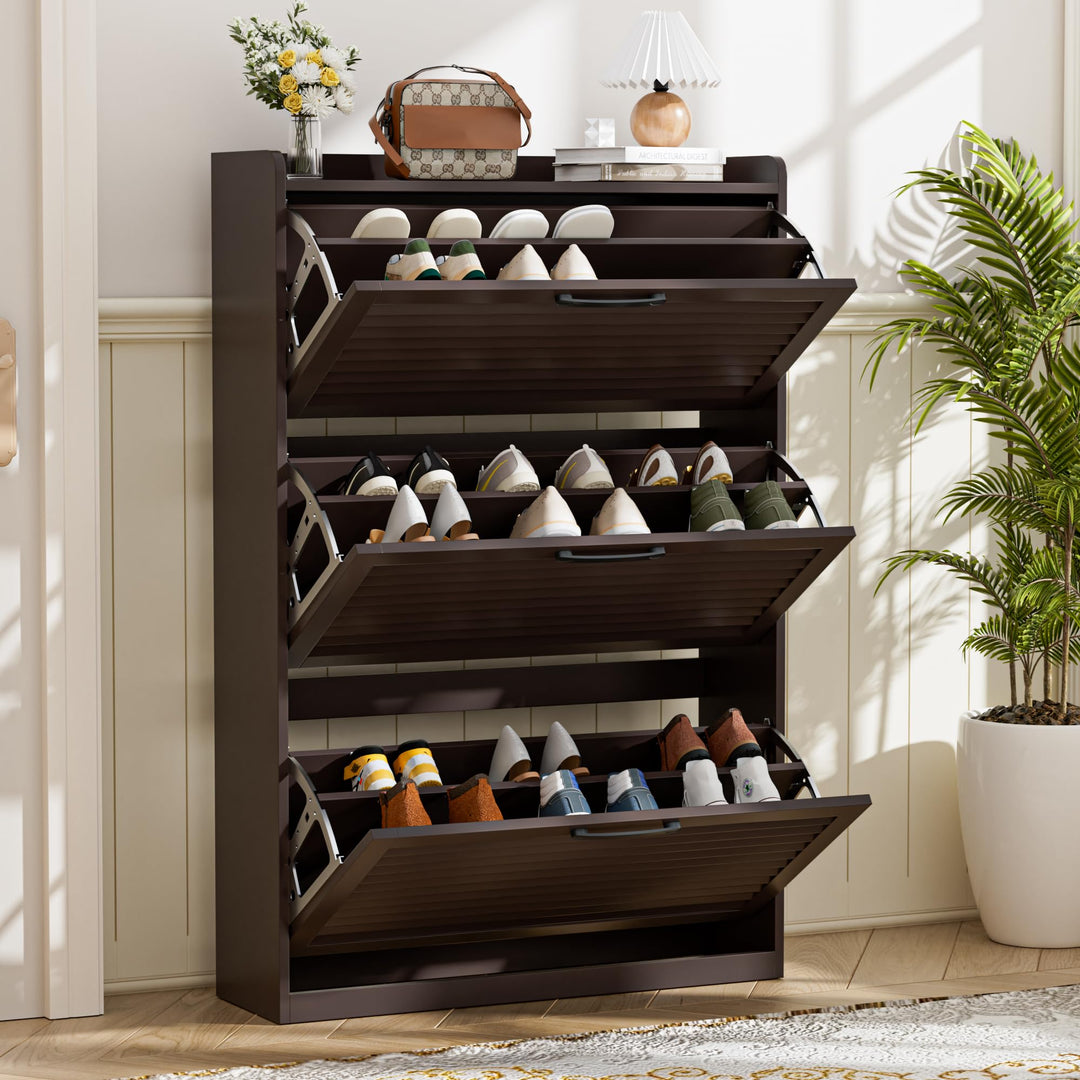 Schuhschrank Schmal, Schuhkipper mit Lamellentür, Schuhregal mit 3 Klappen, Schuhkommode mit 6 Verst