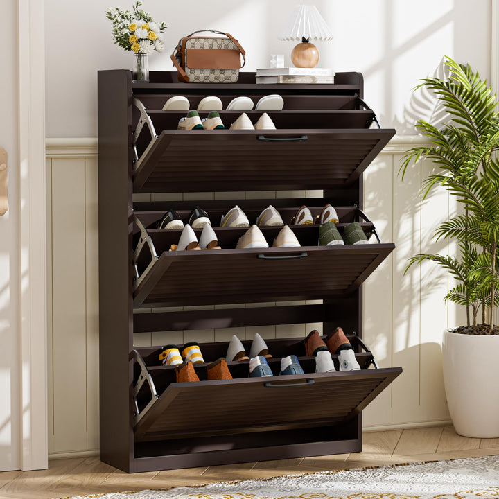 Schuhschrank Schmal, Schuhkipper mit Lamellentür, Schuhregal mit 3 Klappen, Schuhkommode mit 6 Verst