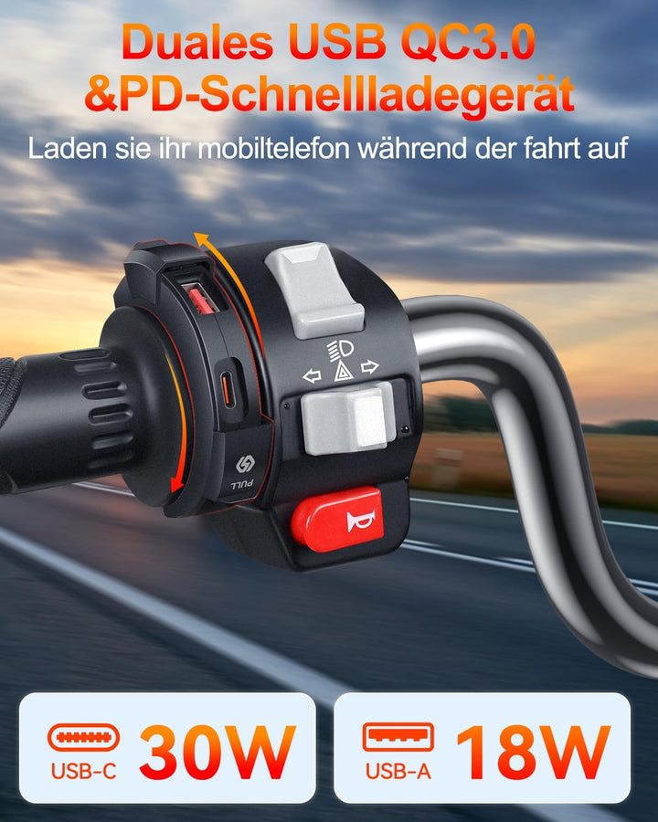 ZEXMTE Motorrad USB Steckdose, 18W QC 3.0 & 30W PD Typ C Dual USB Motorrad Ladegerät, 12V/24V Motorr
