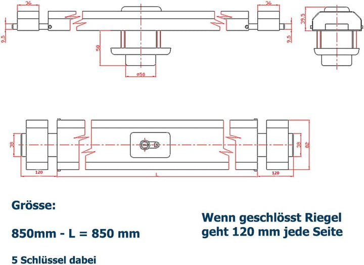 850 mm Weiss Ckey Panzerriegel Querriegel Panzerriegelschloss Türsicherheit Schliesszylinder 850 wei