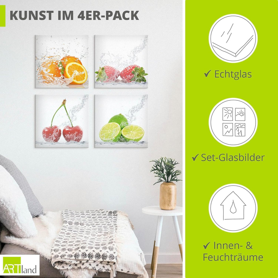 ARTland Glasbilder Wandbild Glas Bild Set 4 teilig je 20x20 cm Quadratisch Früchte im Wasser Obst Fr
