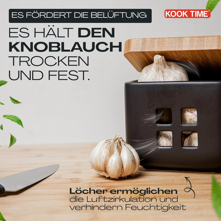 Kook Time Knoblauch Dose - Matt Schwarz Keramik Knoblauchtopf mit Bambusholz Deckel, Perfekte Knobla