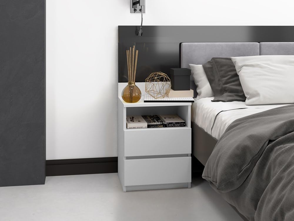 VBChome Nachttisch 40 x 32 x 59 cm Weiss Nachttisch mit 2 Schubladen und 1 Fächer für das Schlafzimm