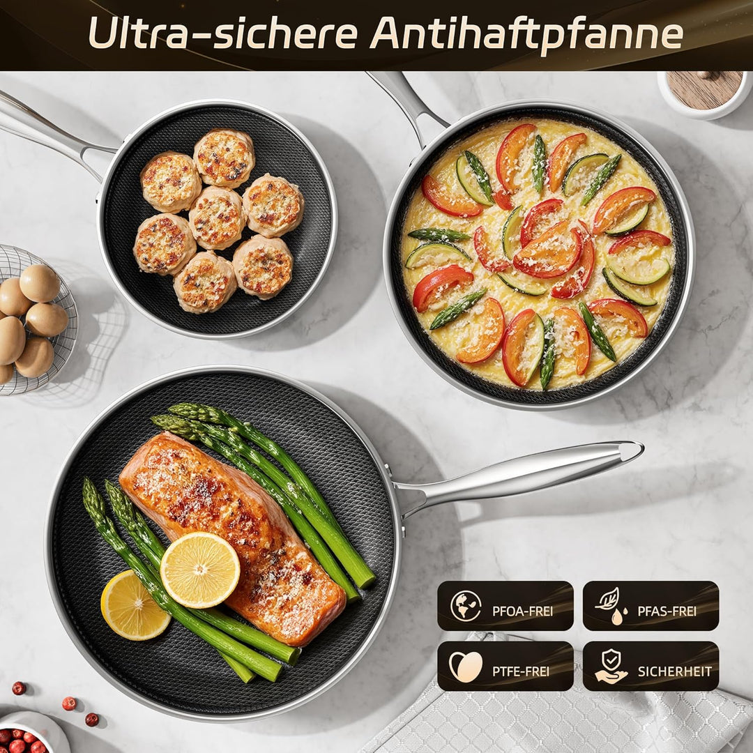 Bratpfanne 24cm, Edelstahlpfanne Antihaftbeschichtet, Kühl bleibender Griff, Spülmaschinenfest, PFAS