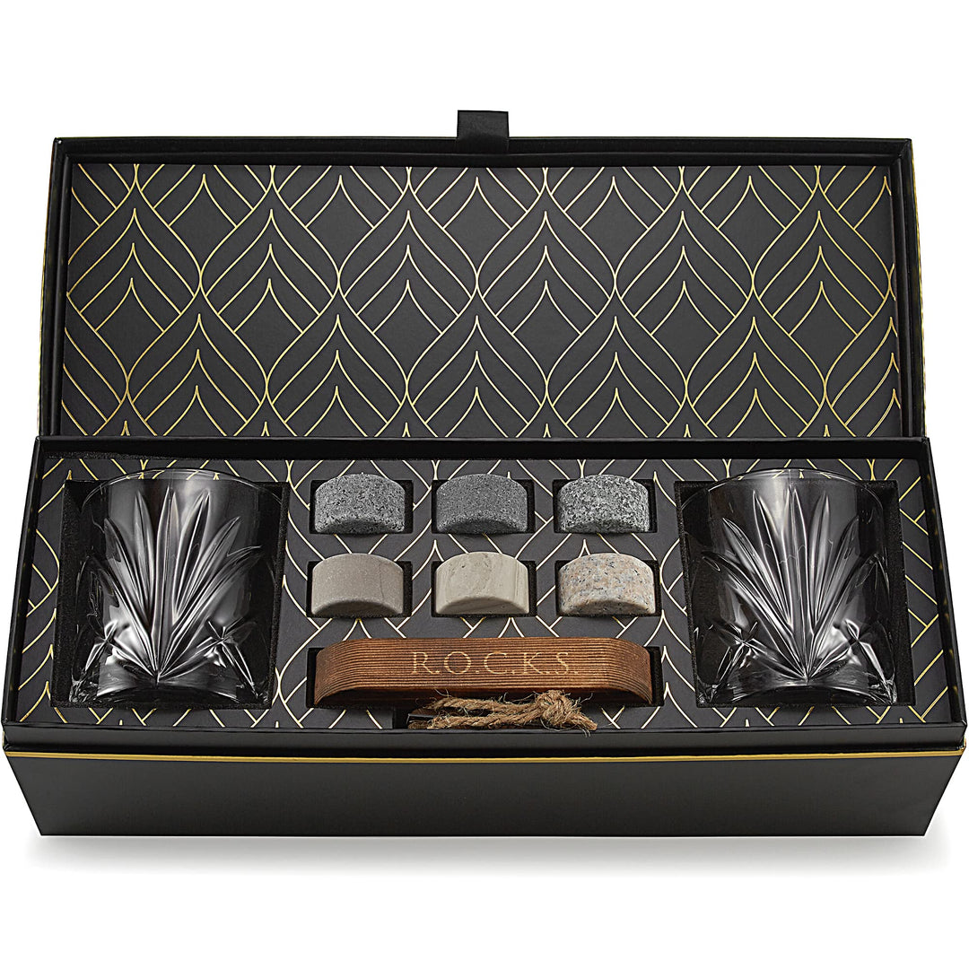 Whiskey Steine Set - 6 Handgefertigte Runde Granit Whisky Steine - 2 Whisky Gläser - Präsentations-