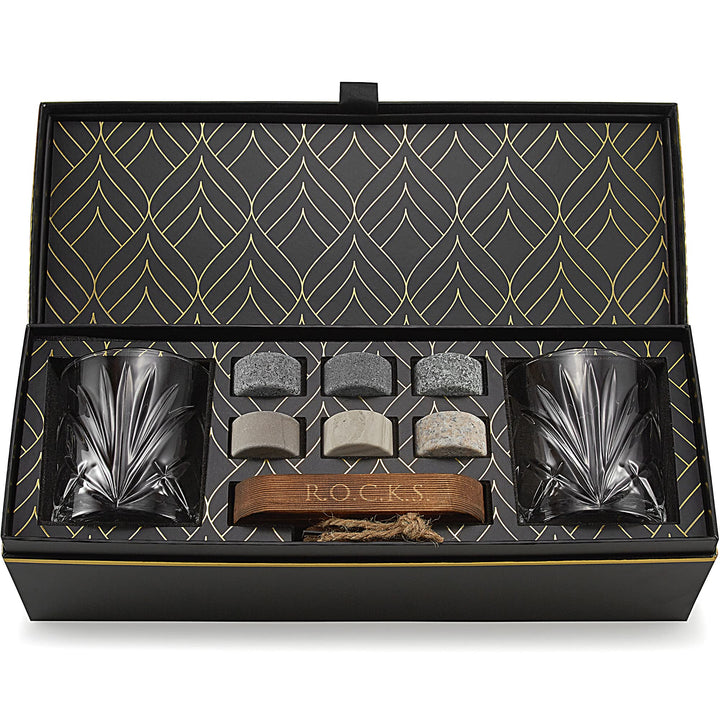 Whiskey Steine Set - 6 Handgefertigte Runde Granit Whisky Steine - 2 Whisky Gläser - Präsentations-