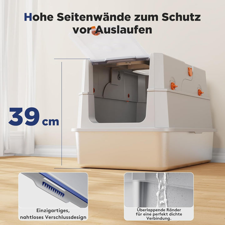 MIXJOY Edelstahl Katzenklo XXL mit Deckel, Katzentoilette Edelstahl Zwei-Tür-Konfiguration, Geschlos