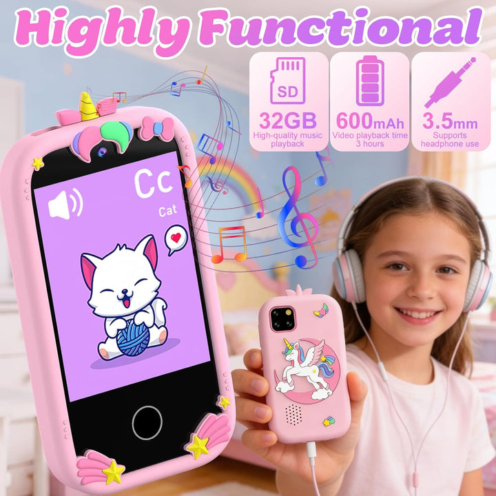 3T6B Kinder Handy Smartphone, Kinderkamera mit Dual Kamera, 2.8 Inch Touchscreen Lerntelefon Lernspi