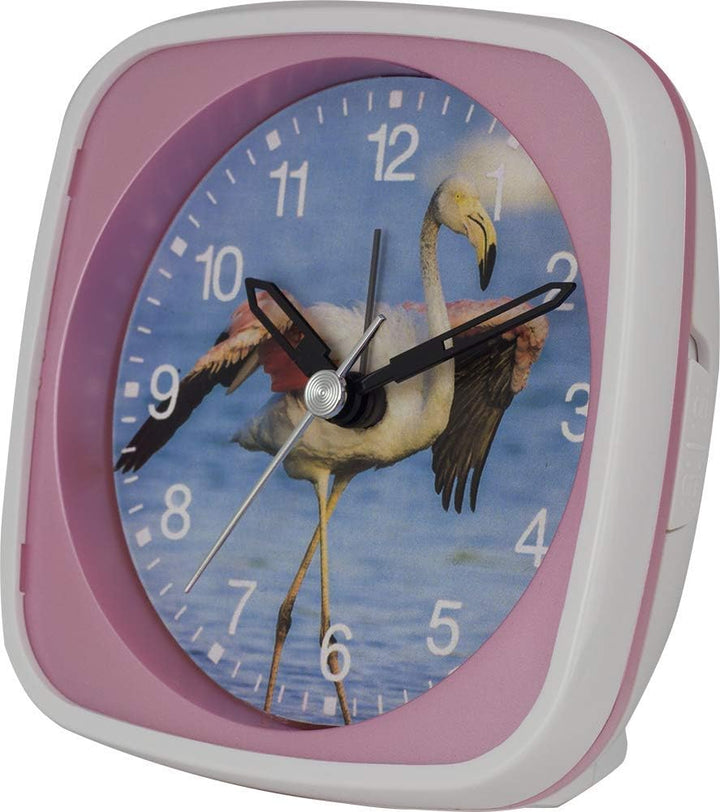 Eurotime Kinder Wecker für Mädchen mit Flamingo-Motiv, Kunststoffgehäuse und Kunststoffglas, Geräusc