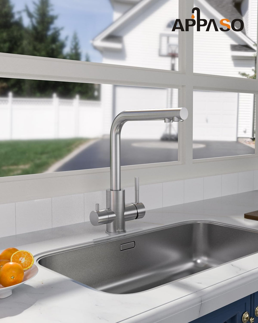 APPASO 3 Wege Wasserhahn Küche, 3 in 1 Mischbatterie Küche für Wasserfilter, 360° Drehbar Armatur Kü