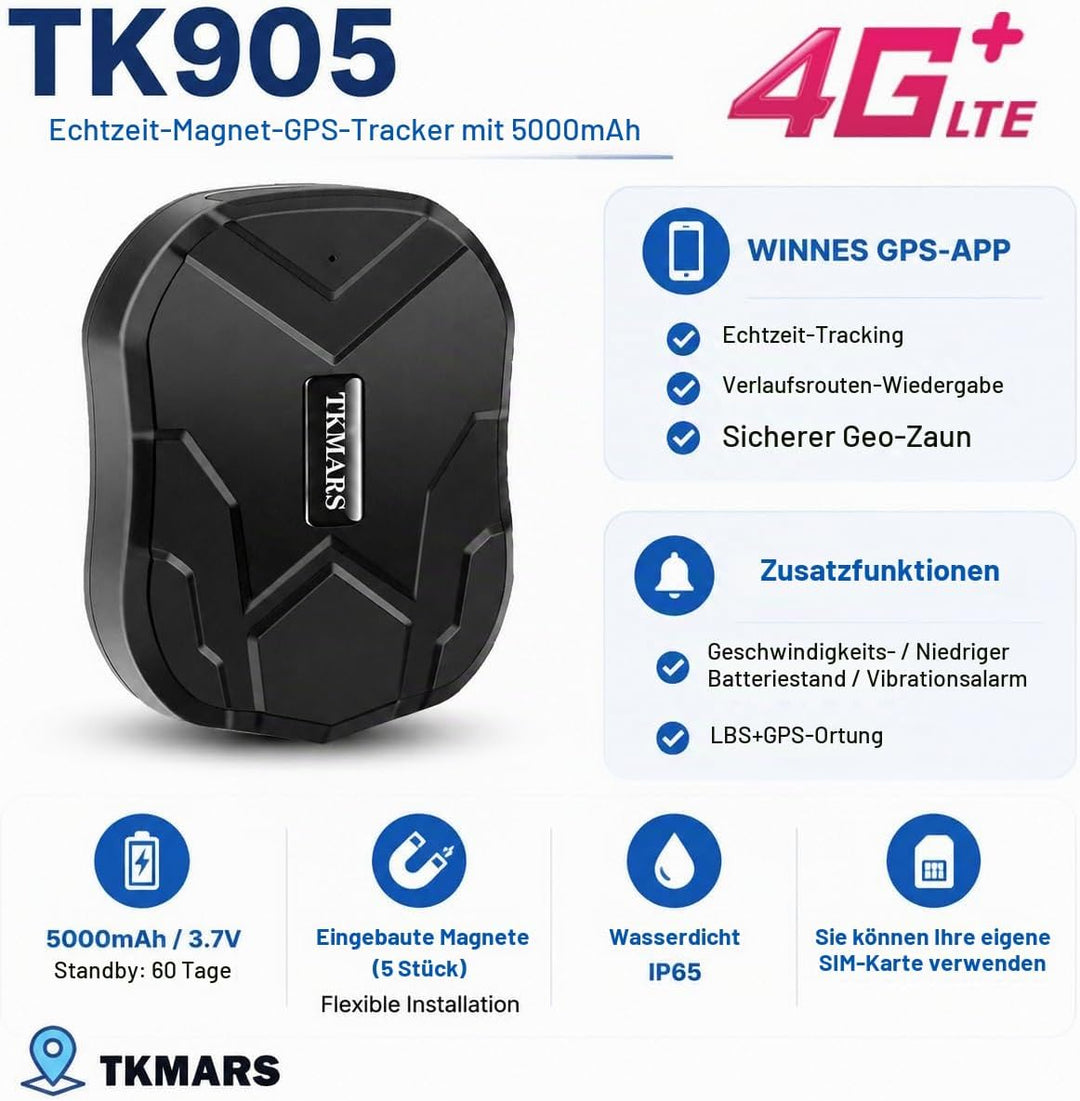 TKMARS TK905 Auto 4G GPS-Tracker, 5000mAh-Akku, funktioniert über SMS/APP/Webplattform ohne ABO, Ver
