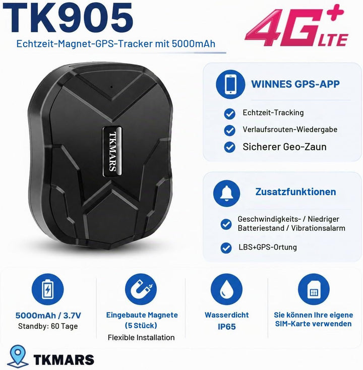 TKMARS TK905 Auto 4G GPS-Tracker, 5000mAh-Akku, funktioniert über SMS/APP/Webplattform ohne ABO, Ver