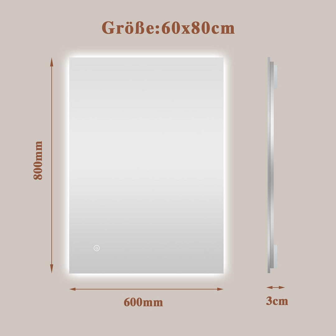 Badspiegel-mit-Beleuchtung 80x60cm - Badezimmerspiegel LED Badezimmer Spiegel mit Beleuchtung, Touch