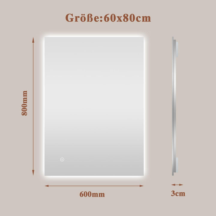 Badspiegel-mit-Beleuchtung 80x60cm - Badezimmerspiegel LED Badezimmer Spiegel mit Beleuchtung, Touch