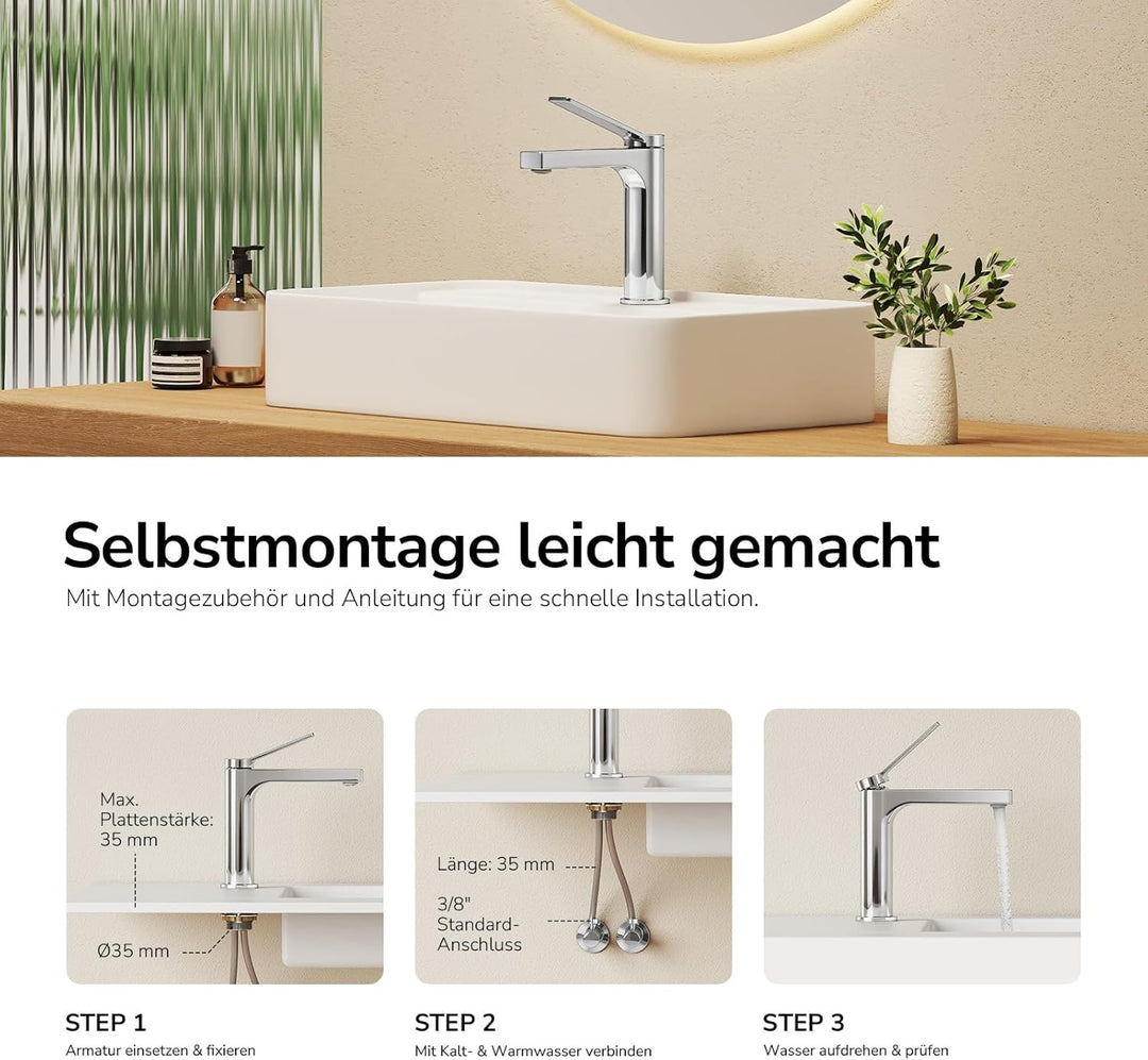 EMKE Wasserhahn Bad Chrom, waschtischarmatur, 4MS Messing, Wasserhahn Bad mit Auslauf Höhe 125mm, Mi
