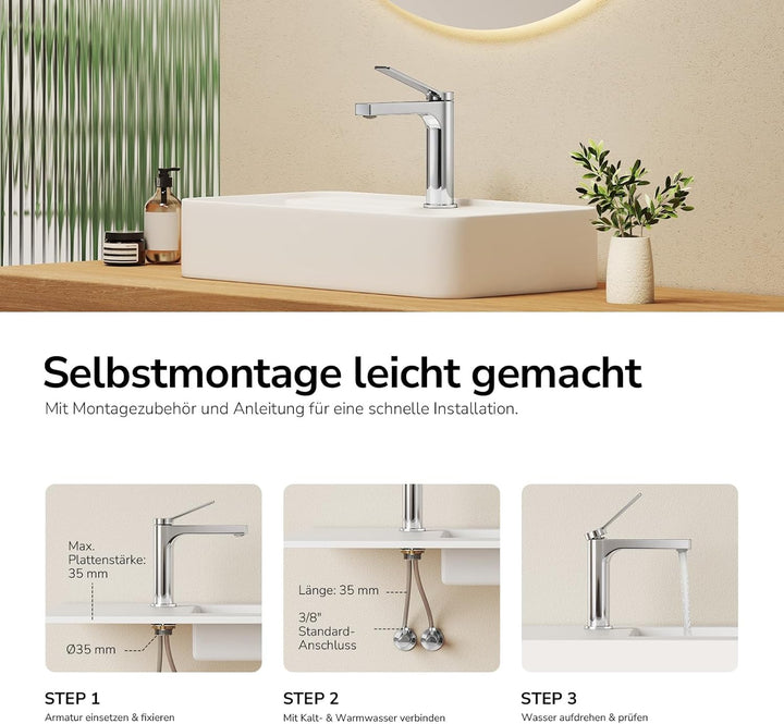 EMKE Wasserhahn Bad Chrom, waschtischarmatur, 4MS Messing, Wasserhahn Bad mit Auslauf Höhe 125mm, Mi