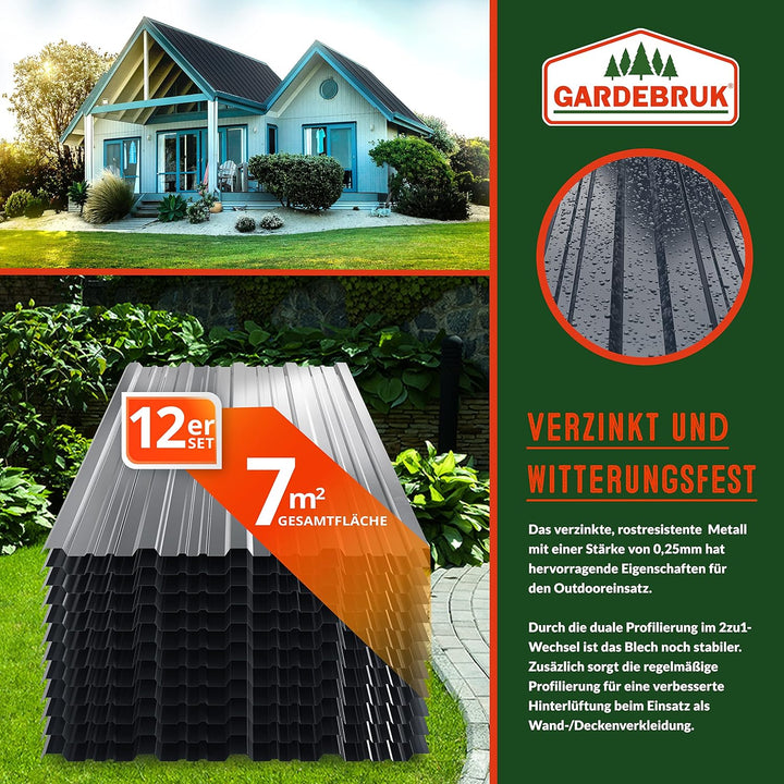 GARDEBRUK® 12x Trapezblech 129x46cm = 7m² Verzinkt Rostresistent Wetterfest Profilblech Dachblech We