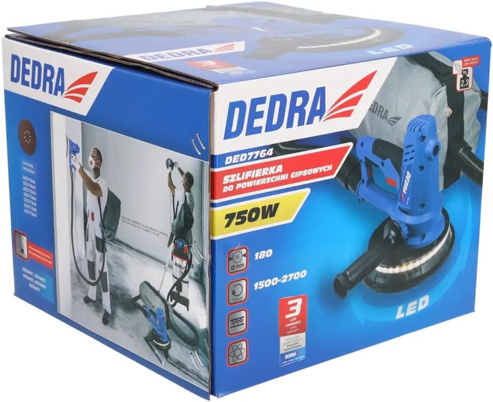 DEDRA Hand-Trockenbauschleifer mit LED licht, 750 W,1500-2700 U/Min 180 mm-Schleifteller, zur Gipsbe