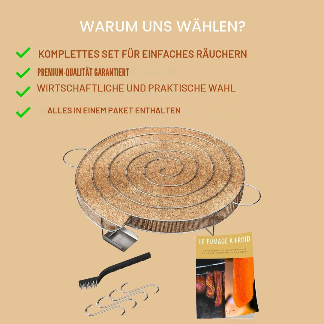 Kaltrauchgenerator (30 cm) /Räucherschnecke für Räucherofen Fleisch und Fisch + 4 Fleischerhaken und