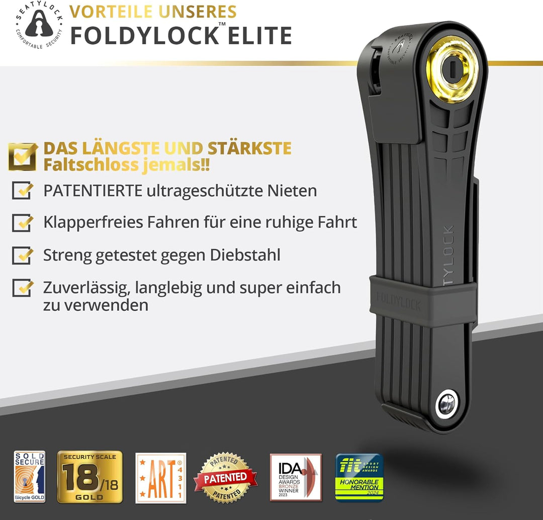 FoldyLock Elite Fahrradschloss mit Schlüssel – Patentiertes Faltschloss mit Halterung - Testsieger S