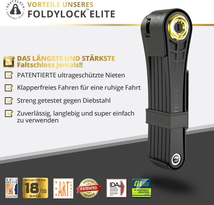 FoldyLock Elite Fahrradschloss mit Schlüssel – Patentiertes Faltschloss mit Halterung - Testsieger S