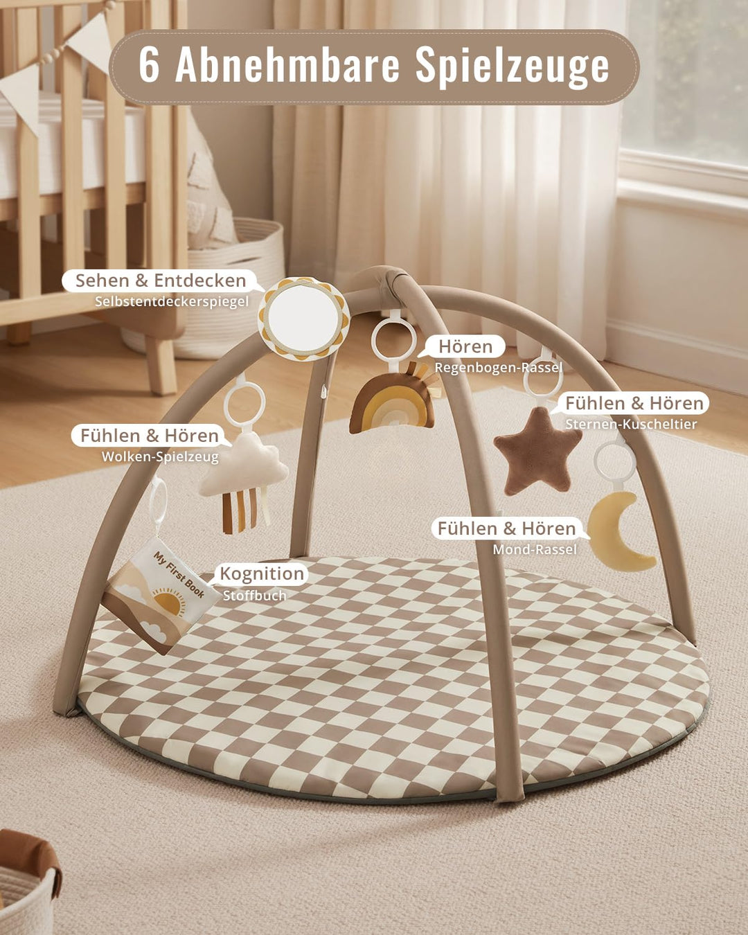 Blissful Diary Spielbogen Baby, Spieldecke Baby Gym Activity Decke mit 6 Abnehmbare Spielzeuge, krab
