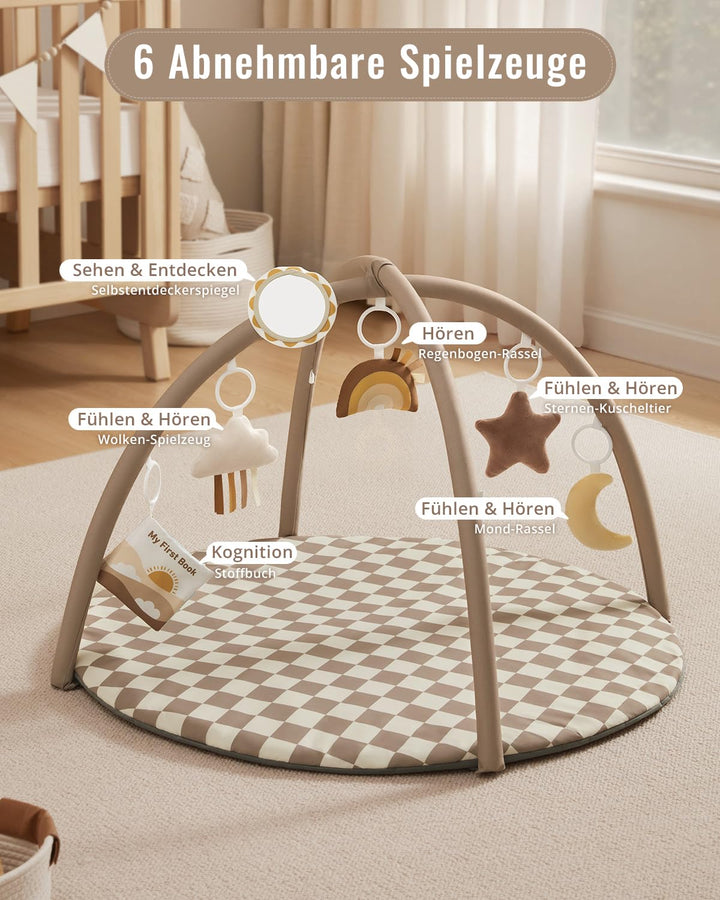 Blissful Diary Spielbogen Baby, Spieldecke Baby Gym Activity Decke mit 6 Abnehmbare Spielzeuge, krab