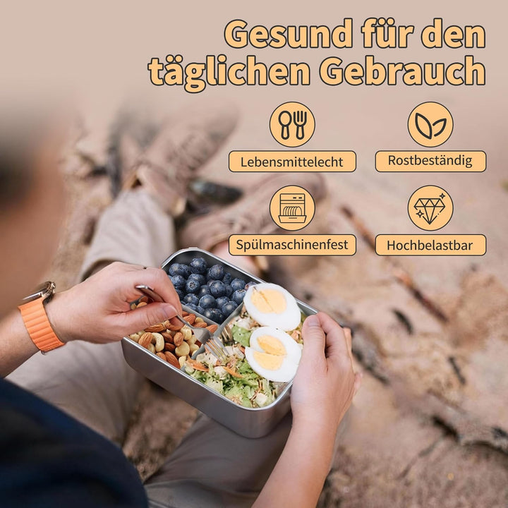 Onader Edelstahl Brotdose mit Fächern 2er Set, 2400ml Gross Bento Box Lunchbox mit Abnehmbar Trennwa