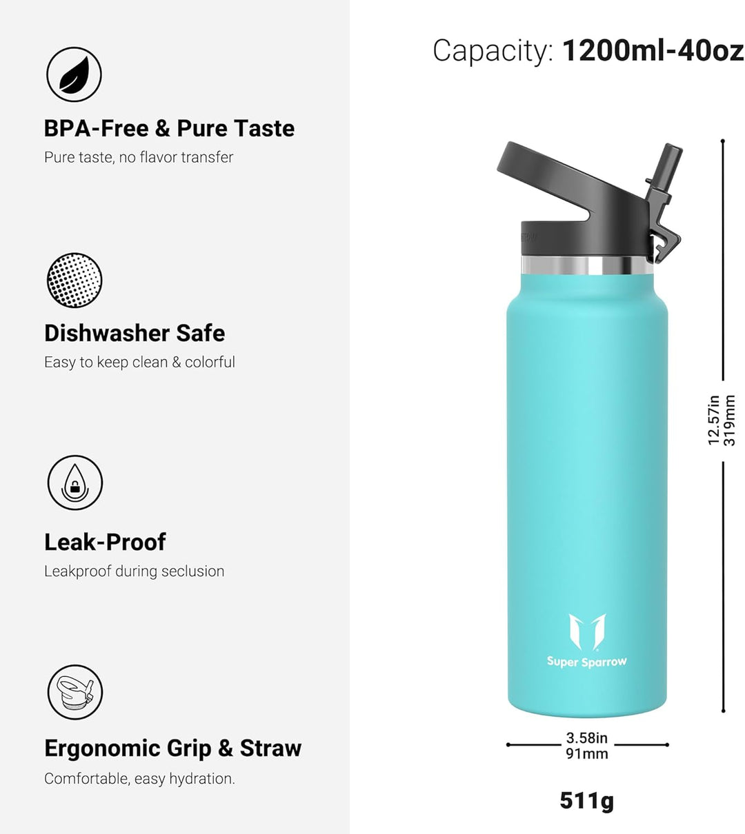 Super Sparrow Trinkflasche Edelstahl 1200ml - Breite Öffnung SwivelSip Thermosflasche - BPA-Frei The