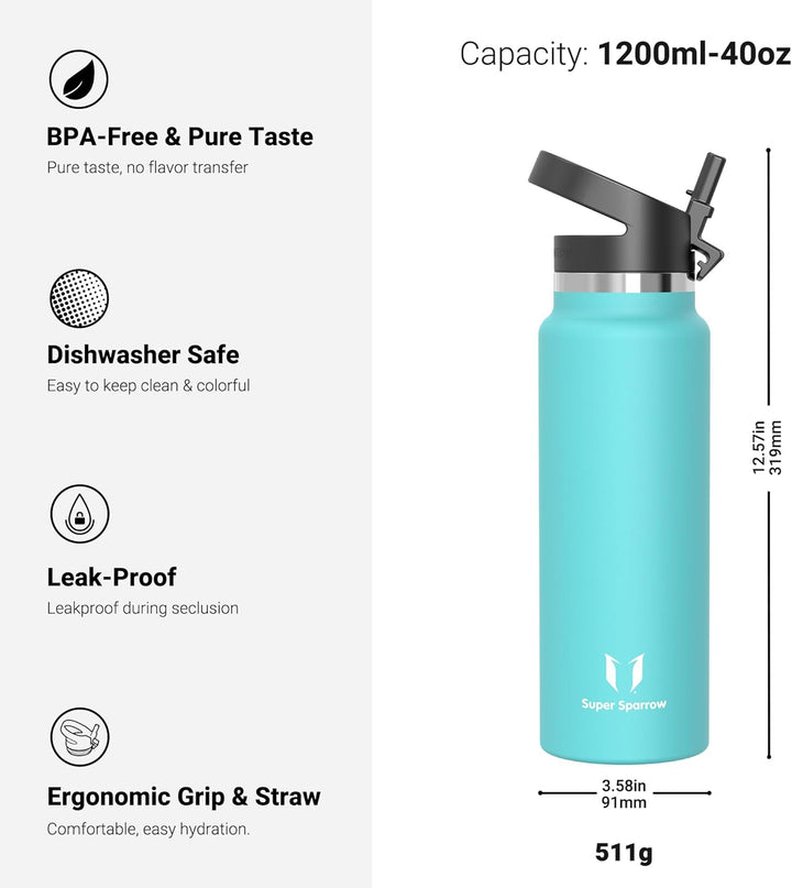 Super Sparrow Trinkflasche Edelstahl 1200ml - Breite Öffnung SwivelSip Thermosflasche - BPA-Frei The