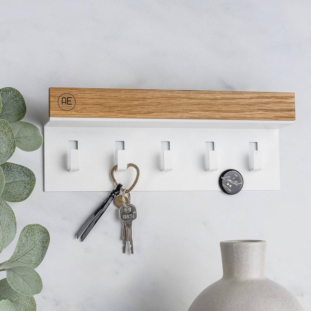 AE Günther® Schlüsselbrett Holz - Schlüsselhalter Weiss Stahl - Schlüsselboard Eiche - Schlüssel org