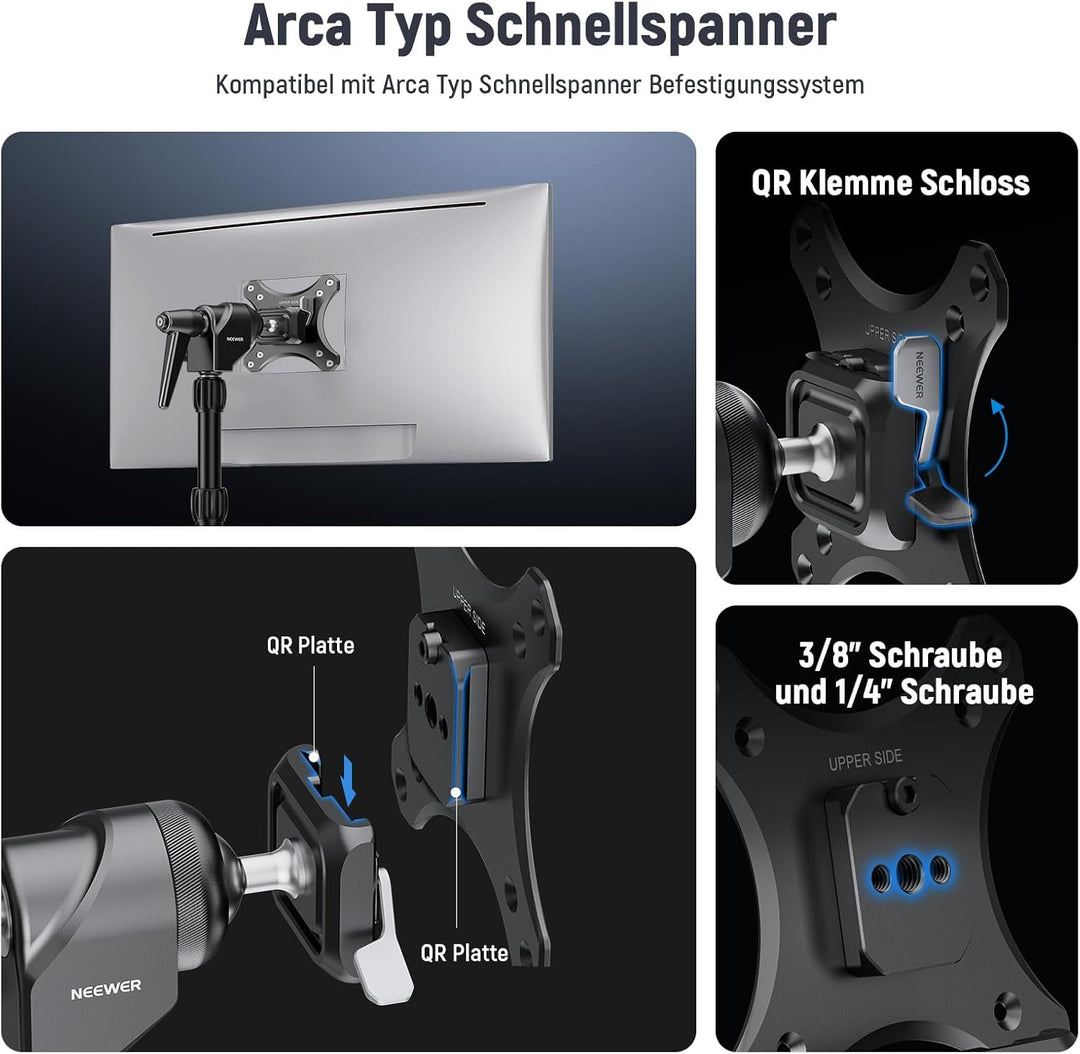 NEEWER VESA Monitor Mount Adapter mit Arca Schnellverschluss, 360° drehbarer Kugelkopf, M4 Schraube