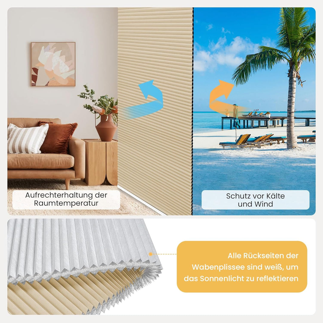 BelleMax Plissee Verdunklung Klemmfix Wabenplissee ohne Bohren Beige-Weiss 70x120cm(BxH), Thermo Ver