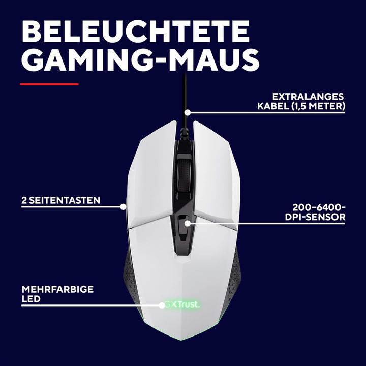 Trust Gaming GXT 109W Felox Gaming Maus mit 6 Programmierbare Tasten, Mehrfarbige LED-Beleuchtung, 2
