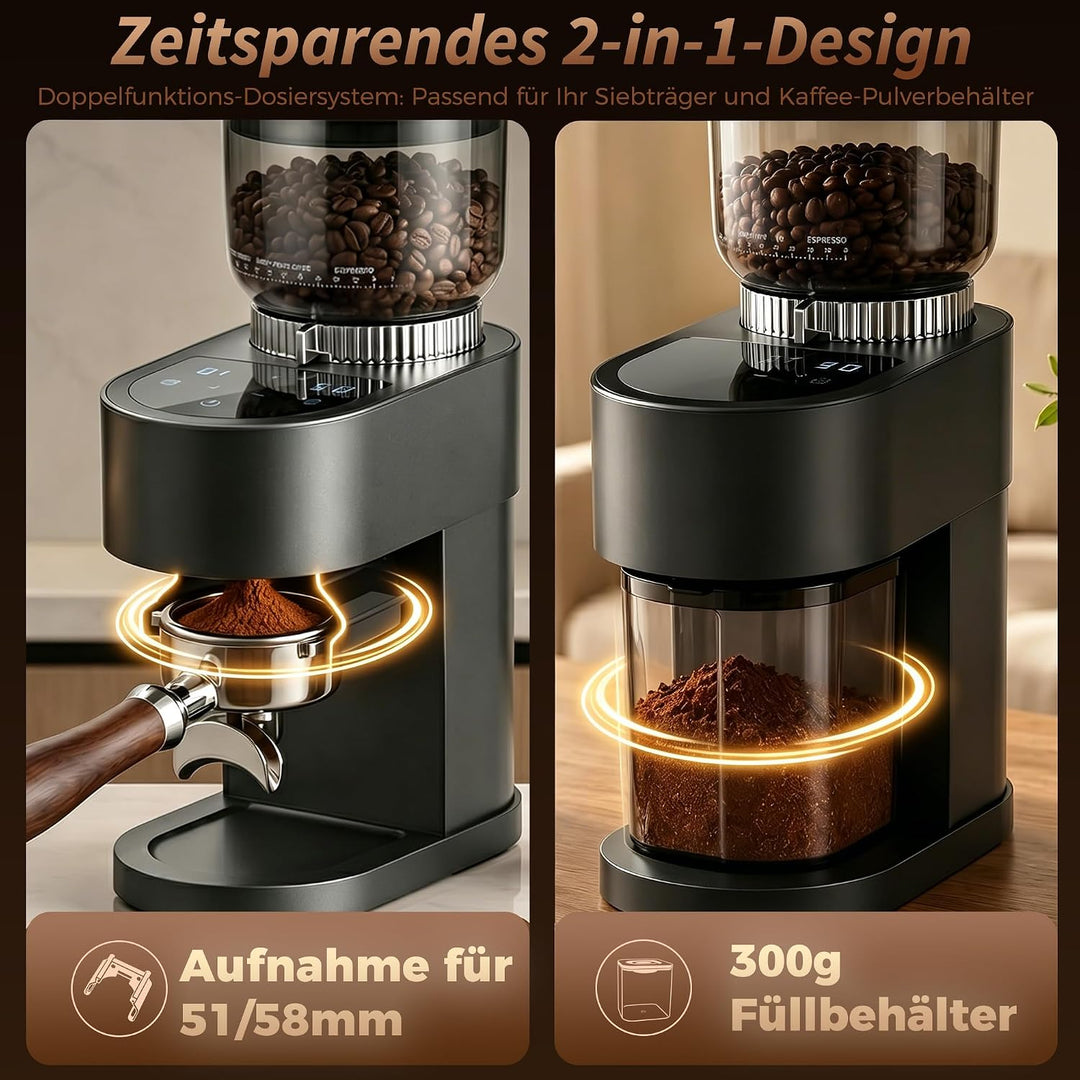 Elektrische Kaffeemühle, 60 Mahlgrade, 48 mm Kegelmahlwerk, Kaffeebohnenmühle mit Siebträgerhalterun