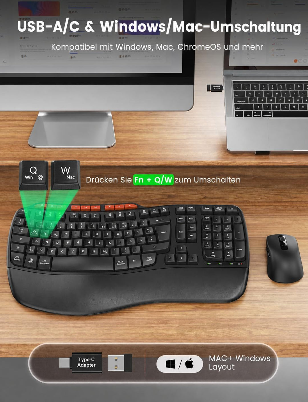 Tastatur Maus Set Kabellos, 2,4GHz Wave Tasten in Voller Grösse, Ergonomische Tastatur mit Gepolster