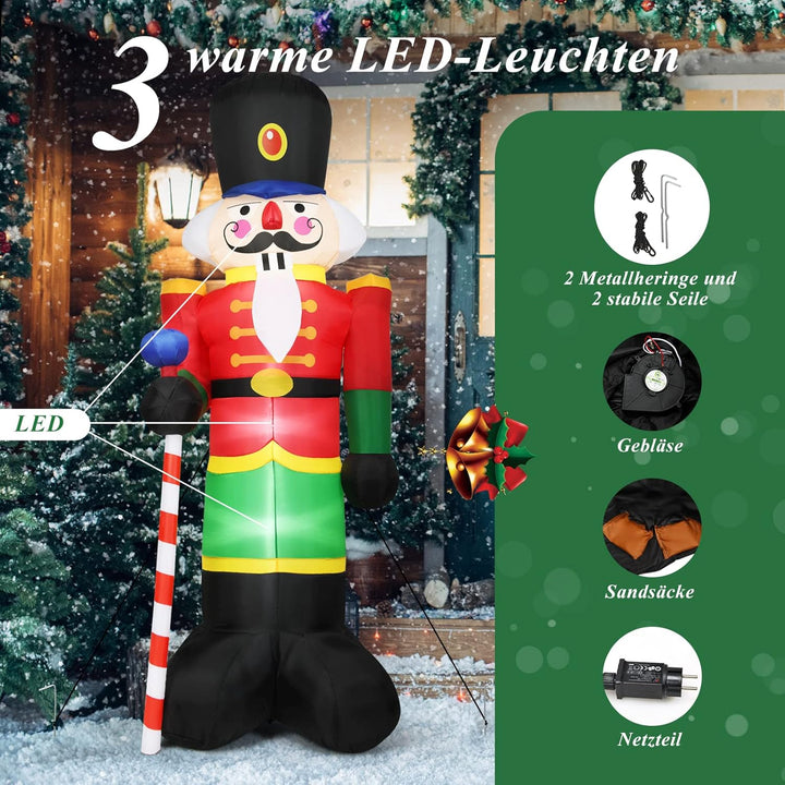 GOPLUS 240 cm Nussknacker Soldat, Aufblasbare Weihnachtsfigur, Weihnachtsdeko mit LED-Beleuchtung, m