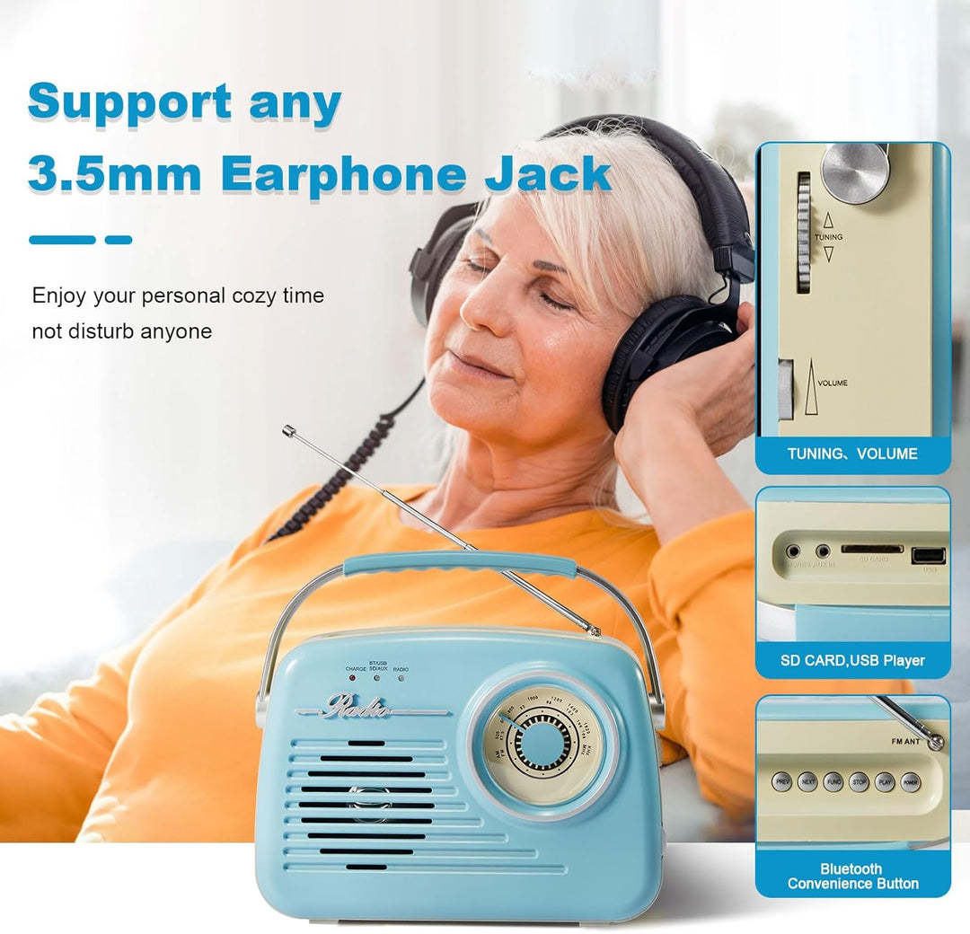 Radios Portable Am Fm, Kleine Retro Vintage Radio Bluetooth, AA-Batterie betriebene Radio oder Steck